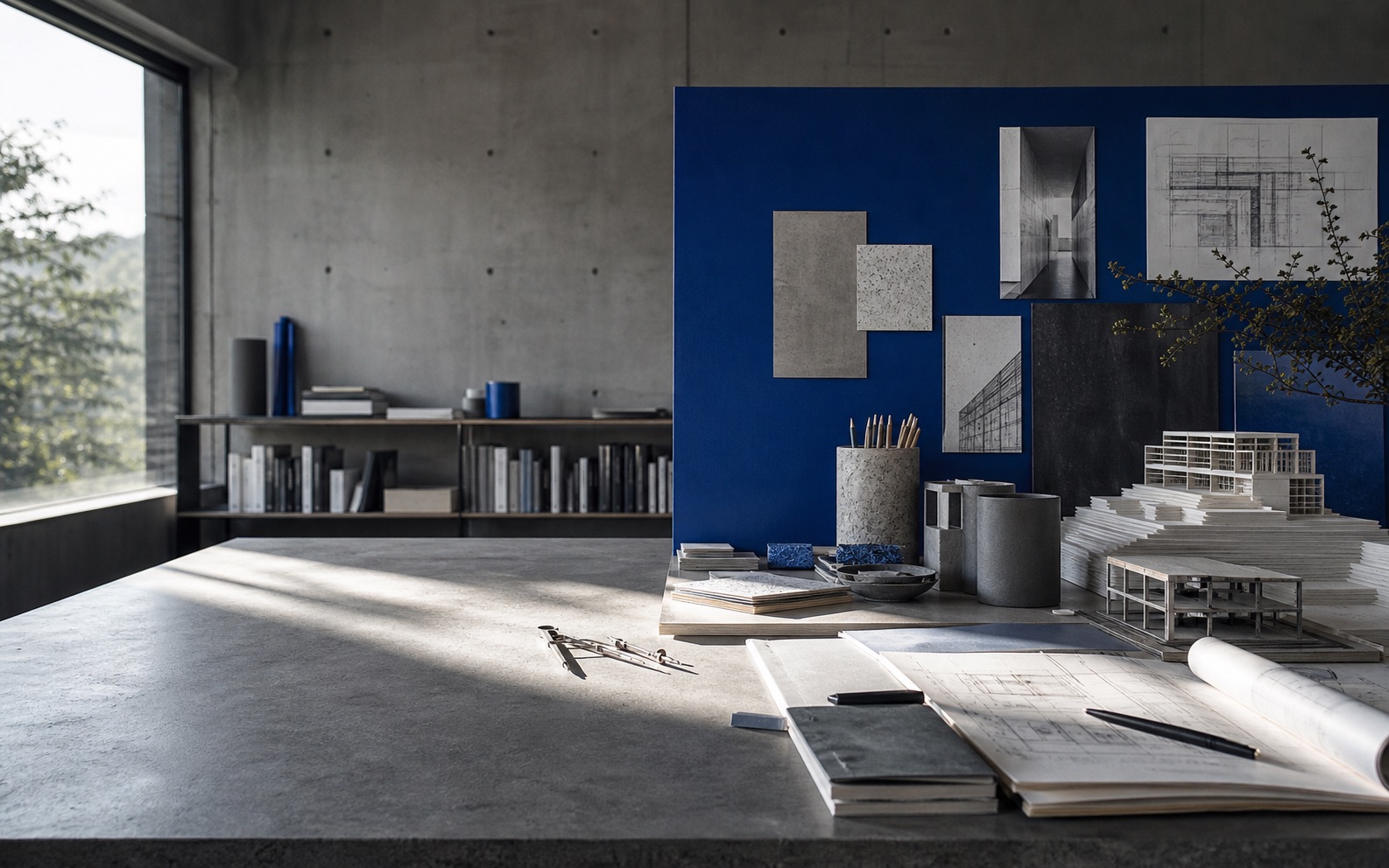 Architectural models and material studies in a cobalt-blue studio workspace